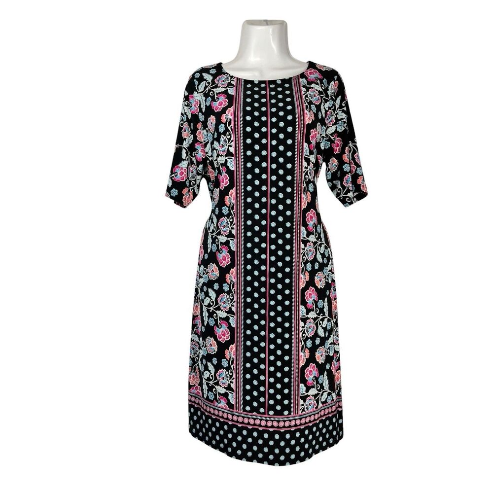 Roz & Ali Women Dress Large Floral Print 3/4 Sleeve Knee Black Blue Pink